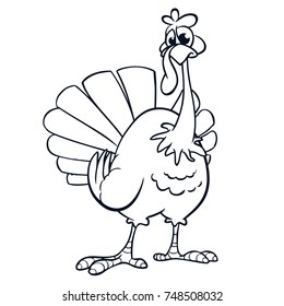 Thanksgiving funny cartoon  outline. Vector cartoon turkey for coloring book. Black and white contour. 