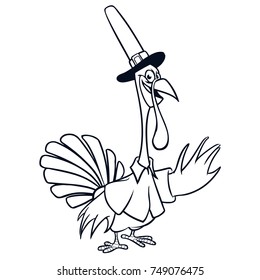 Thanksgiving funny cartoon  outline. Vector cartoon turkey for coloring book. Black and white contour