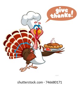 Thanksgiving funny cartoon turkey chief cook serving pumpkin pie. Vector cartoon outlines isolated