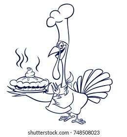 Thanksgiving funny cartoon turkey chief cook serving pumpkin pie outlined. Vector cartoon turkey for coloring book. Black and white contour