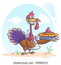 Thanksgiving funny cartoon turkey cook serving pumpkin pie and holding a fork. Vector cartoon isolated with outline strokes