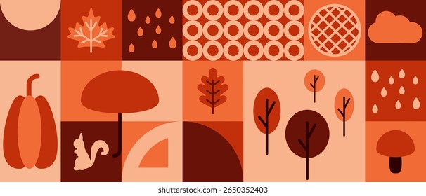 Thanksgiving geometric pattern for abstract autumn background. Pumpkin, pie, leaf and flat geometry for invitation cover or promotion mosaic. Umbrella, squirrel and rain ornament illustration vector