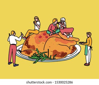 Thanksgiving giant turkey dish. Huge plate and little people concept. hand drawn style vector design illustrations. 