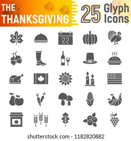 Thanksgiving glyph icon set, holiday symbols collection, vector sketches, logo illustrations, autumn signs solid pictograms package isolated on white background, eps 10.