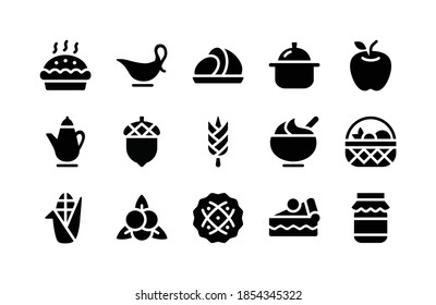 Thanksgiving Glyph Icons Including Pie, Gravy Boat, Ham, Pot, Apple, Teapot, Acorn, Wheat, Porridge, Wicker, Corn, Cranberry, Pie, Pie, Jam