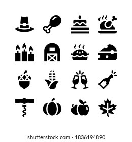 Thanksgiving Glyph Icons Including Pilgrim Hat, Chicken Drumstick, Cake, Roast Chicken, Candles, Barn, Hot Pie, Cheese, Acorn, Corn, Drinks, Champagne, Corkscrew, Pumpkin, Fruits, Maple Leaf