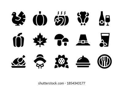 Thanksgiving Glyph Icons Including Turkey, Pumpkin, Pumpkins, Roast Chiken, Bottle, Paprika, Leaf, Mushroom, Hat, Drink, Roast Chiken, Hat, Sunflower, Cloche, Plate