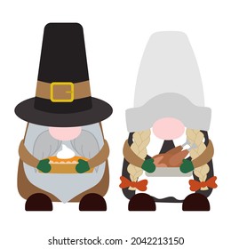 Thanksgiving gnomes character in pilgrims costume holding turkey and pumpkin pie. Vector illustration. Isolated on white background.