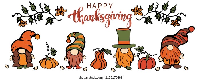 Thanksgiving gnomes with pumpkins. Cartoon hand drawn Leprechauns for cards, decor, shirt design, invitations. Vector illustration