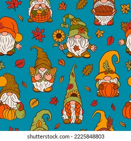 Thanksgiving gnomes seamless pattern fall design. Cute scandinavian gnome autumn cartoon characters repeat design.