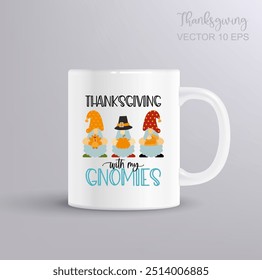 Thanksgiving Gnomes with turkey, pumpkin, pie and Inscription. Funny flat illustration. Thanksgiving day concept with mug mockup