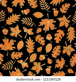 Thanksgiving Gold foil autumn leaves seamless vector background. Golden and orange abstract fall leaf shapes on black background. Elegant pattern - digital paper, banner, wrapping, party, invitation