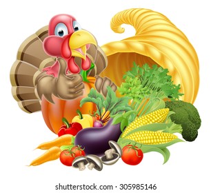 Thanksgiving golden horn of plenty cornucopia full of vegetables and fruit produce with cartoon turkey bird