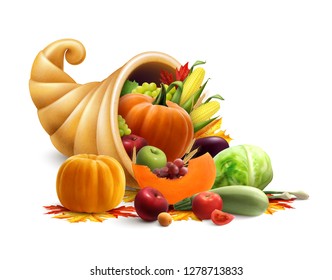 Thanksgiving or golden horn of plenty design concept with cornucopia full of vegetables and fruit produce vector illustration