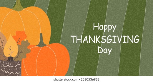 Thanksgiving greeting banner, cover, card or horizontal poster with pumpkins and colorful autumn leaves. Fall season, hand drawn template for sale, holiday decoration