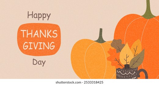 Thanksgiving greeting banner, cover, card or horizontal poster with pumpkins and colorful autumn leaves. Fall season, hand drawn template for sale, holiday decoration