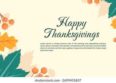 Thanksgiving greeting banner featuring colorful autumn leaves, pumpkins, berries, and seasonal harvest elements arranged around a soft cream background. Design Illustration