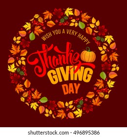 Thanksgiving greeting card with autumn leaves, pumpkin and calligraphy inscription Thanksgiving Day. Happy Thanksgiving Day logo template. Rounded design. Vector stock illustration.