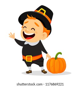 Thanksgiving greeting card with Canadian man wearing a Pilgrim hat, standing near pumpkin and waving hand. Funny cartoon character for holiday. Vector illustration