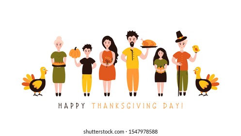 Thanksgiving greeting card. Creative collection of family person icons. Cartoon holiday illustration.