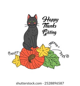 Thanksgiving greeting card with cute cat and pumpkin. Text happy thanksgiving day. Hand drawn fall harvest illustration.