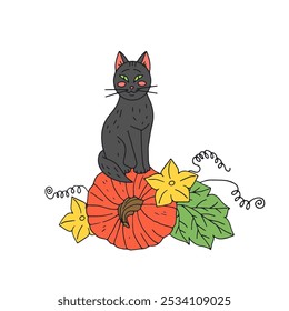 Thanksgiving greeting card with cute cat and pumpkin. Hand drawn fall harvest illustration.