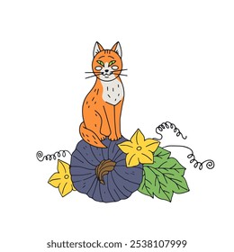 Thanksgiving greeting card with cute cat and pumpkin. Hand drawn fall harvest illustration.