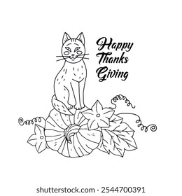 Tarjeta de felicitación de Acción de Gracias con lindo gato y calabaza y texto feliz día de acción de gracias. Blanco y negro Dibujado a mano ilustración de la cosecha de otoño.