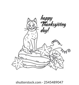 Tarjeta de felicitación de Acción de Gracias con lindo gato y calabaza y texto feliz día de acción de gracias. Blanco y negro Dibujado a mano ilustración de la cosecha de otoño.