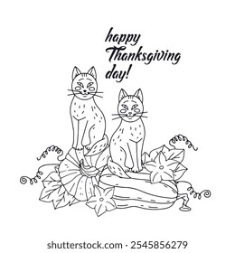 Tarjeta de felicitación de Acción de Gracias con lindo gato y calabaza y texto feliz día de acción de gracias. Blanco y negro Dibujado a mano ilustración de la cosecha de otoño.