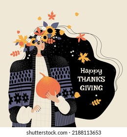 Thanksgiving greeting card with a cute girl in a wreath of autumn leaves and flowers and a pumpkin in her hands. Illustration in cartoon style.