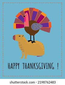 Thanksgiving greeting card with cute turkey and capybara.