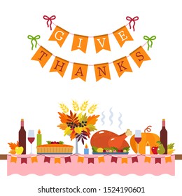 Thanksgiving Greeting Card. a festive table with a tablecloth with baked turkey and pumpkin pie on the background of a congratulatory inscription. flat vector illustration