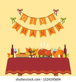 Thanksgiving Greeting Card. a festive table with a tablecloth with baked turkey and pumpkin pie on the background of a congratulatory inscription. flat vector illustration