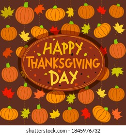 Thanksgiving greeting card with hand drawn pumpkins and fall leaves. Happy Thanksgiving Day round logo template. Vector illustration