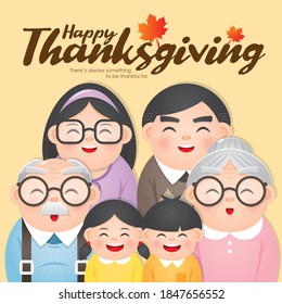 Thanksgiving greeting card with happy family reunion to celebrating Thanksgiving day.