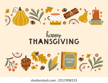 Thanksgiving greeting card. Images of pumpkin, cup, candle and other autumn elements. Vector illustration
