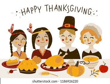 Thanksgiving greeting card with Indians and pilgrims at the table