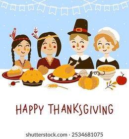 Thanksgiving greeting card with Indians and pilgrims at the table 