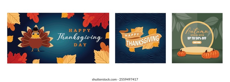 Thanksgiving Greeting Card. Leaves and text happy thanksgiving. Autumn Display Podium Promotion. Set flat vector modern illustration 