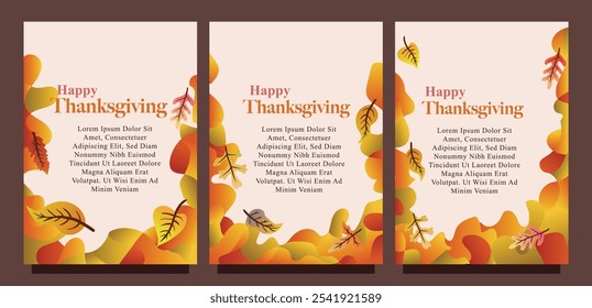 Thanksgiving Greeting Card with Liquid Background and Autumn Leaves. print size set of thansgiving card template concept. liquid abstract background with autumn leaves vector illustration