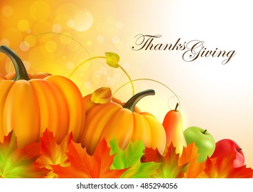 Thanksgiving greeting card with maple leaves pumpkins, apples and pear.