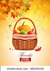Thanksgiving greeting card with maple leaves, basket with fruits and vegetables.