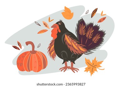 Thanksgiving greeting card or party invitation template with turkey and pumpkins among autumn leaves. Thanksgiving holiday card or flyer design, vector isolated illustration.