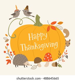 Thanksgiving greeting card with pumpkin and forest animals.