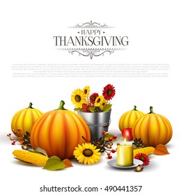Thanksgiving greeting card with pumpkins, leaves, corn and sunflowers on white background