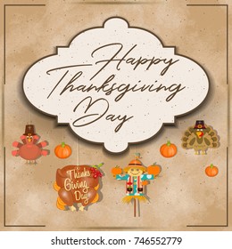 Thanksgiving Greeting Card - Symbols and Signs of Turkey Day. Turkey, Scarecrow and Pumpkin. Invitation Card for Party. Vector Illustration.