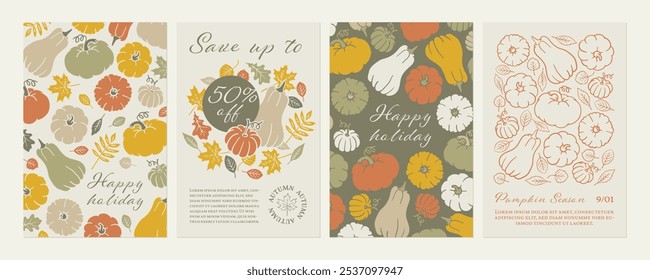 Vorlage für Thanksgiving-Grußkarten. Ferienhintergrund mit Kürbis und Herbstblättern. Natur Flyer Design Kollektion. Boho Poster mit Herbstdoodle. Handgezeichnete Illustration von Halloween Line Art.