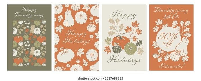 Thanksgiving greeting card template set. Holiday postcard background. Nature graphic with pumpkin and fall leaves. Vintage flyer design collection. Boho poster with autumn Halloween illustration.