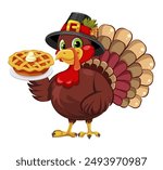 Thanksgiving greeting card with a turkey bird wearing a Pilgrim hat and holding pumpkin pie